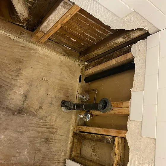 Bathroom floor opened to the joists, Central LA