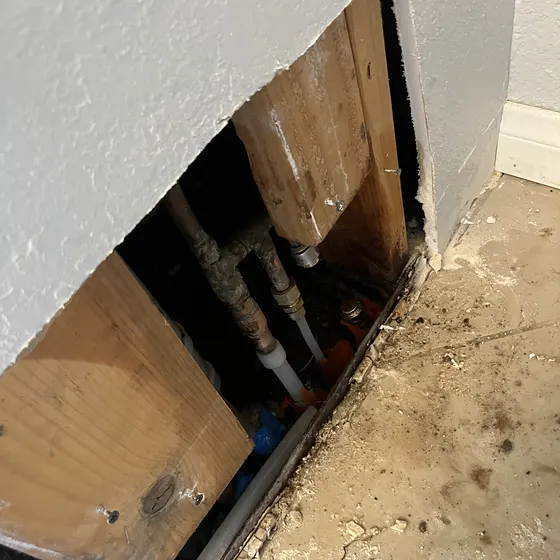 Wall opened to reach a leaking pipe, San Bernardino Valley