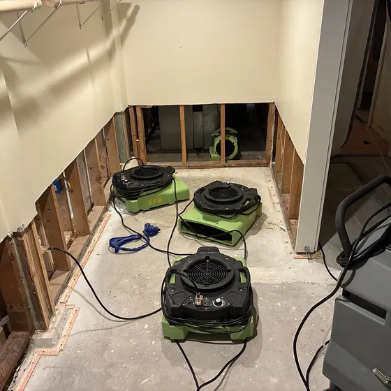 Air movers and dehumidifier along opened walls, Greater Seattle