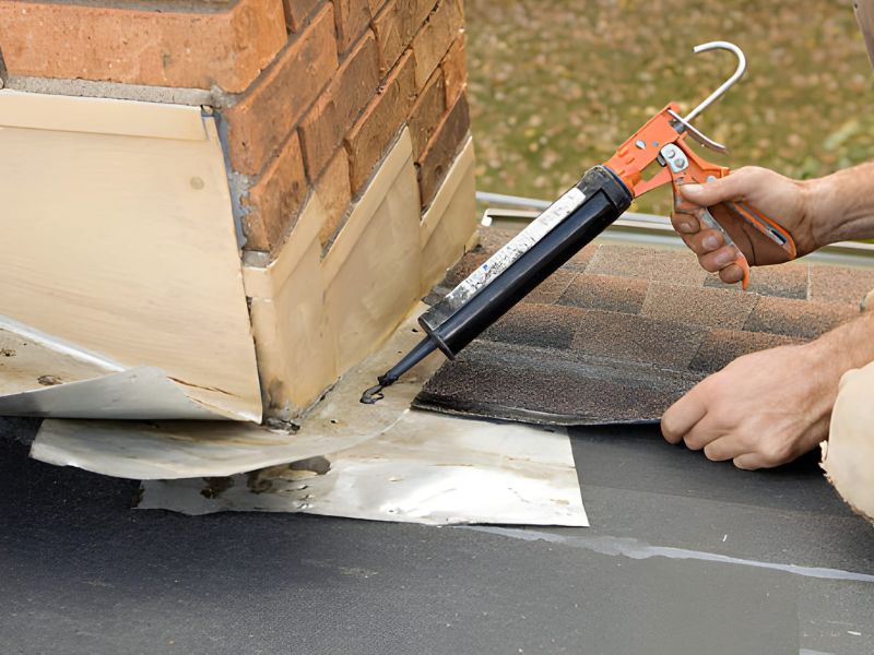 Roofer Applying Caulk to House Chimney Flashing - Green Planet Restoration