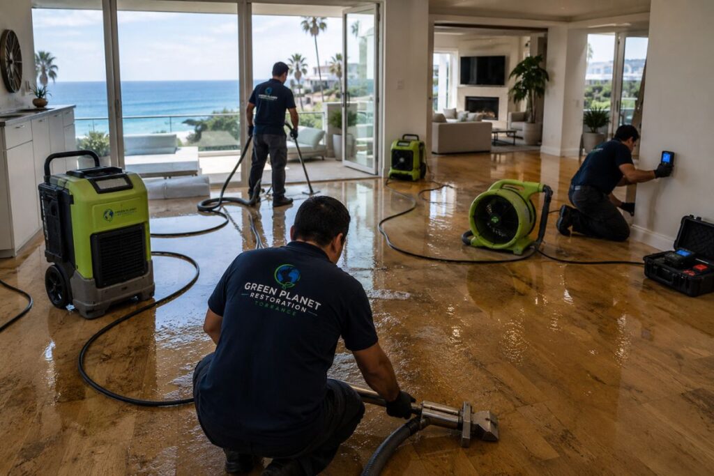 Water Damage Extraction and Floor Drying – Green Planet Restoration of Torrance