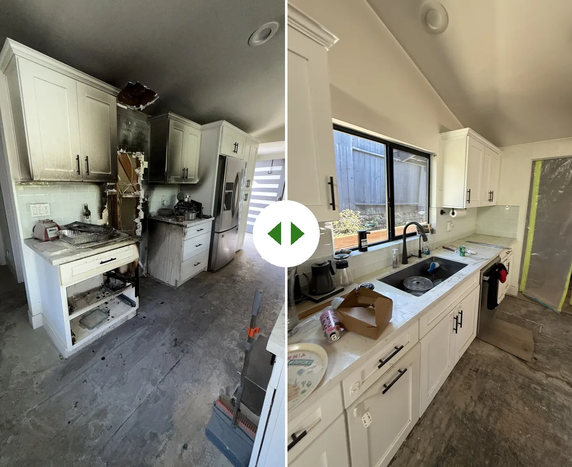 Before and after of a living room restored after severe water damage