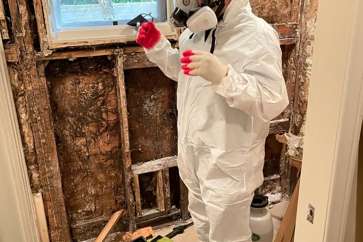 Technician wearing a respirator and protective suit