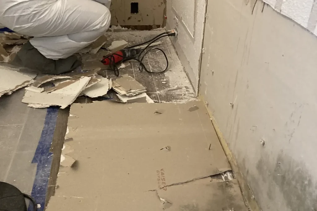 Water-damaged drywall with mold on the lower wall