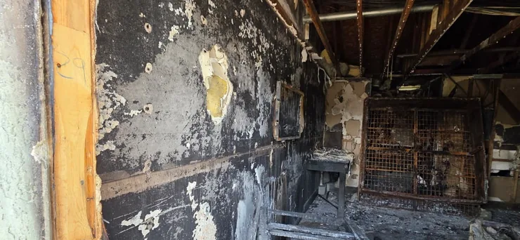 Charred walls and ceiling after a house fire