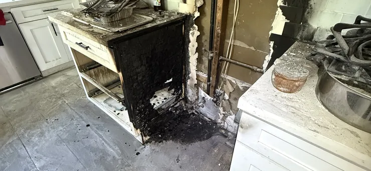 Fire and smoke damaged living room