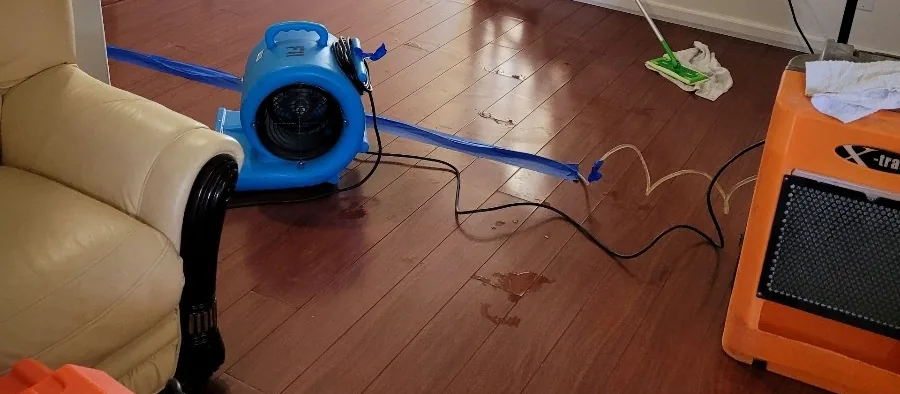 Air movers drying a flooded room